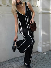 LIZAKOSHT  -  Clashing Colors Tank Tops And Pant 2 Piece Sets For Women Fashion V Neck Sleeveless Pullover Top Lace Up Loose Pant Suit